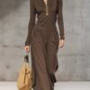 Casual Retro Sports Dark Half high Collar Front Zipper Long sleeved Top And Wide Pants Set