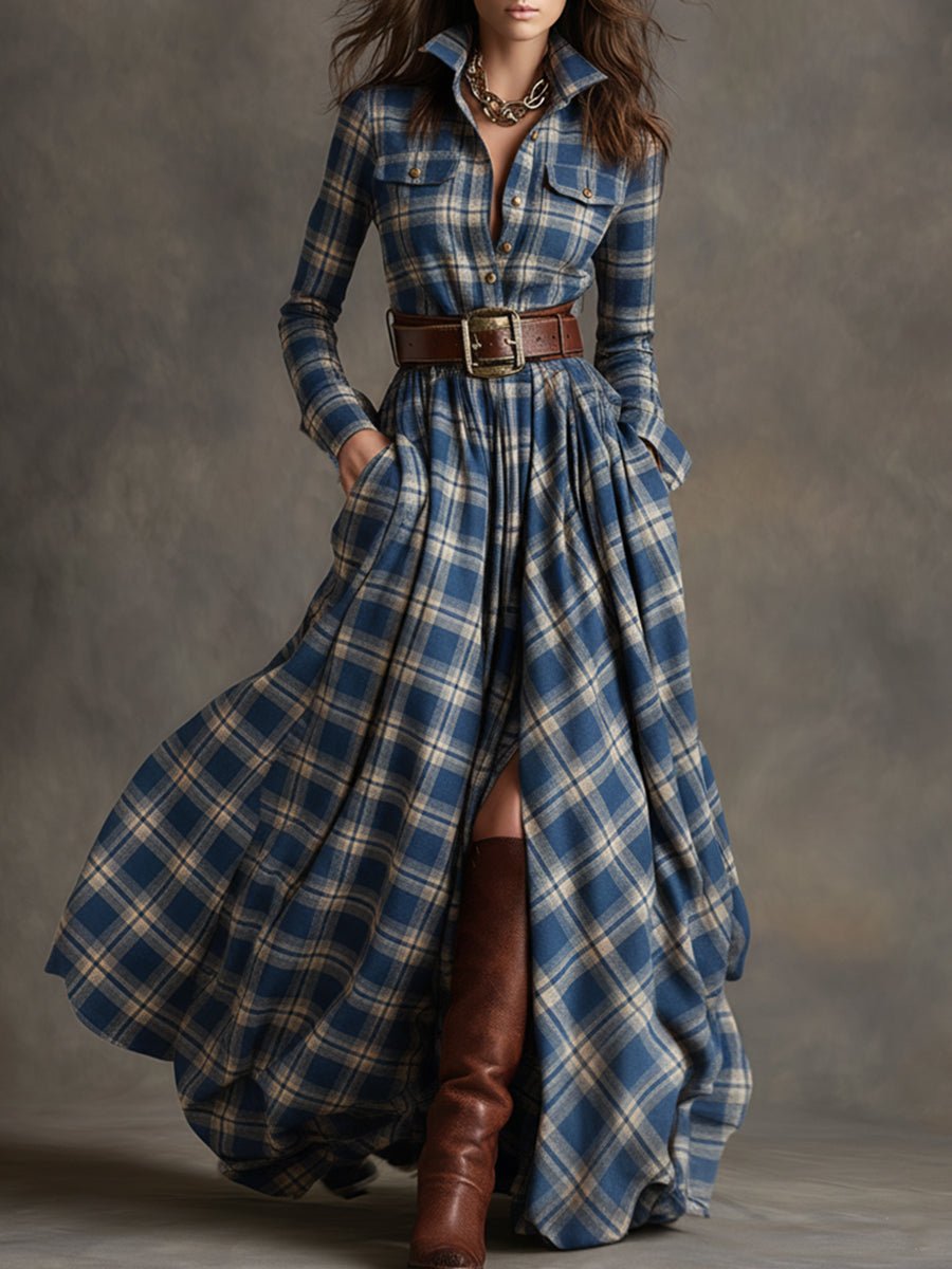 Retro Ethnic Style Lapel Reddish Plaid Maxi Dress
