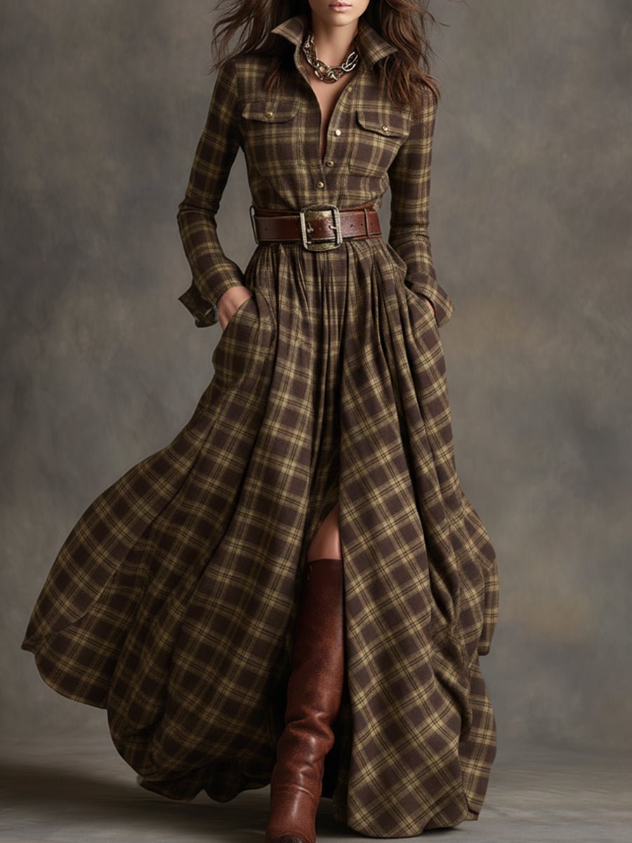 Retro Ethnic Style Lapel Reddish Plaid Maxi Dress