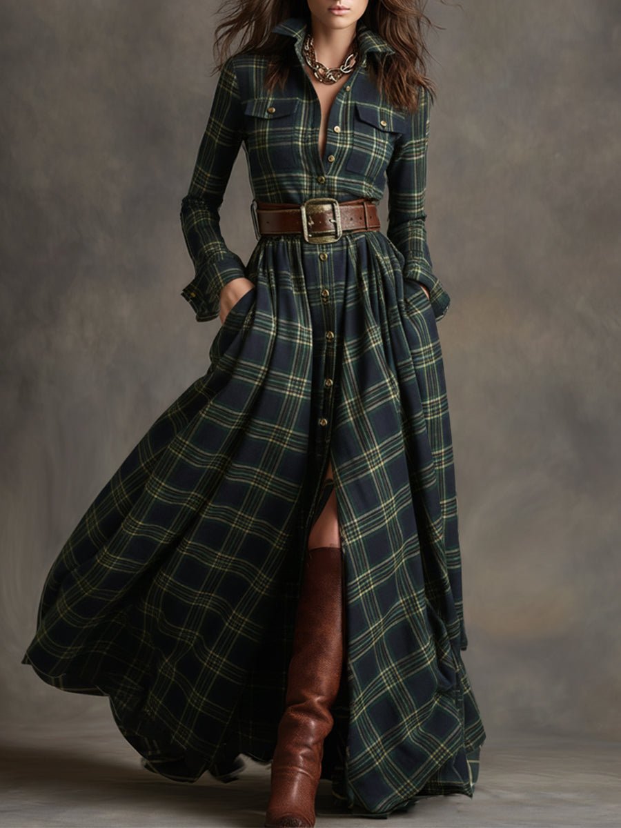 Retro Ethnic Style Lapel Reddish Plaid Maxi Dress
